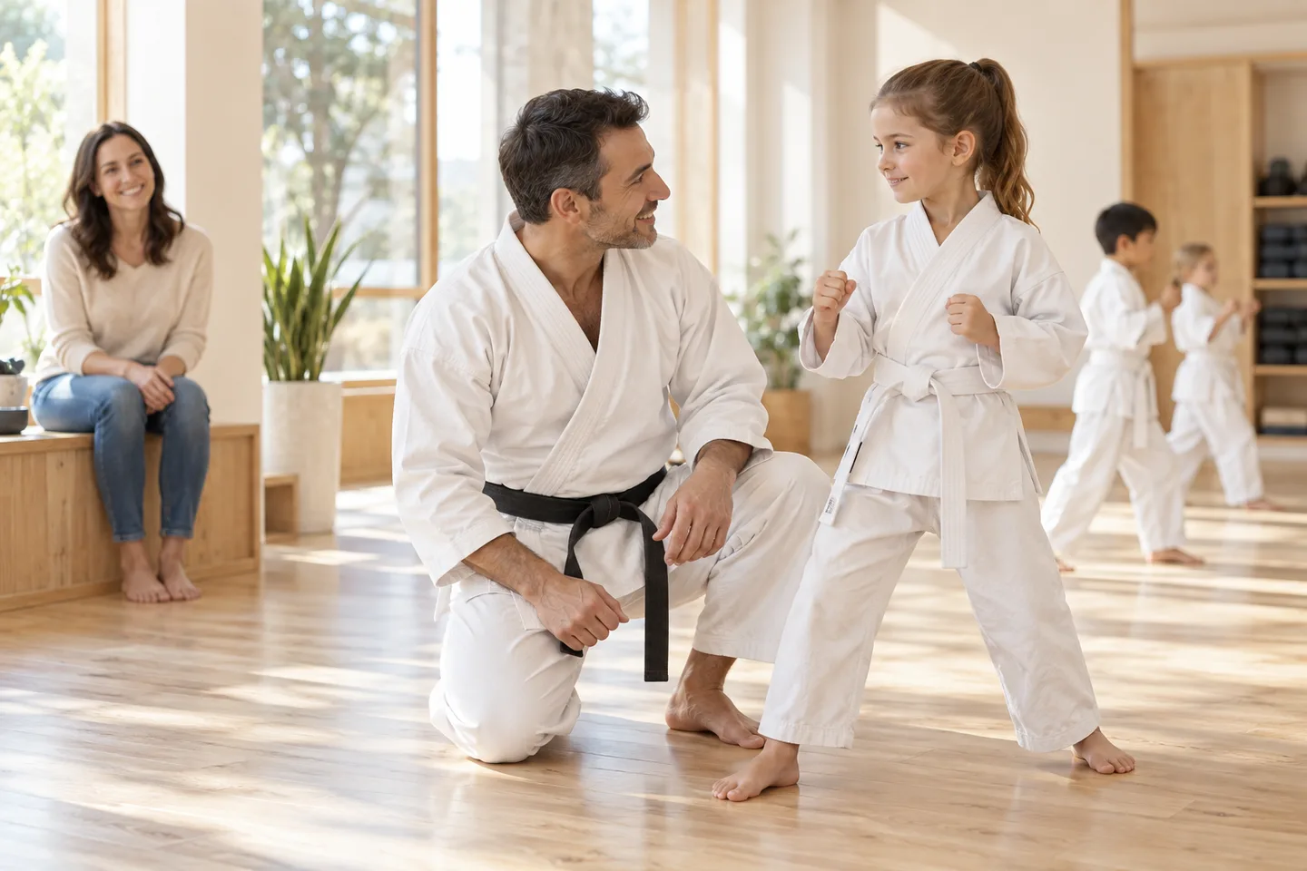 Generated concept of an instructor helping a child practice a stance