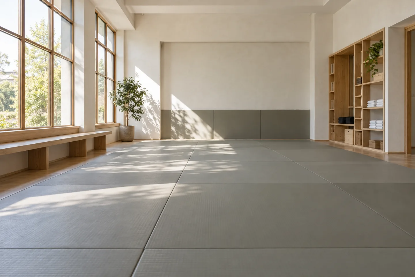 Generated concept of an empty training room with pale wood and morning light